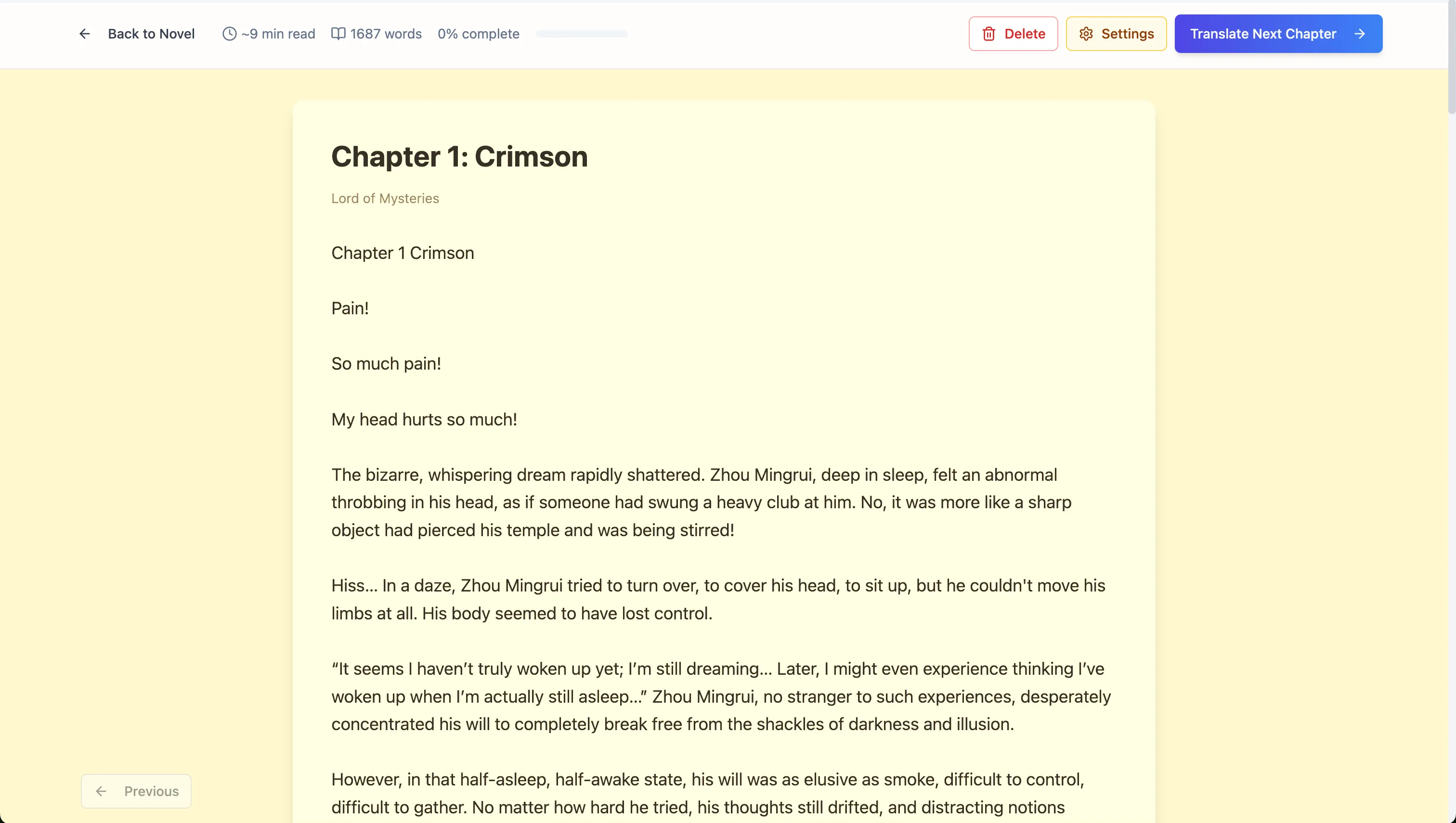 Reader view — translated chapter in progress